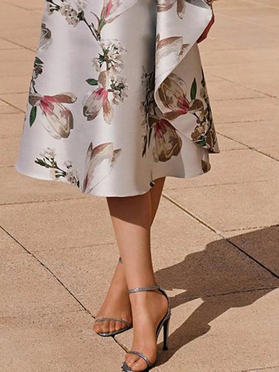 Women's Party Dress Cocktail Dress Wedding Guest Dress Midi Dress Gray Short Sleeve Floral Ruffle Summer Spring Fall Square Neck Party Wedding Guest Vacation Summer Dress S M L XL 2XL 3XL