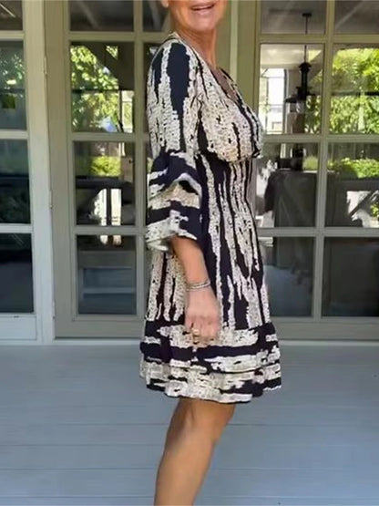 Women's Ruffle Print V Neck Flared Sleeve Midi Dress Daily Vacation 3/4 Length Sleeve Summer Spring