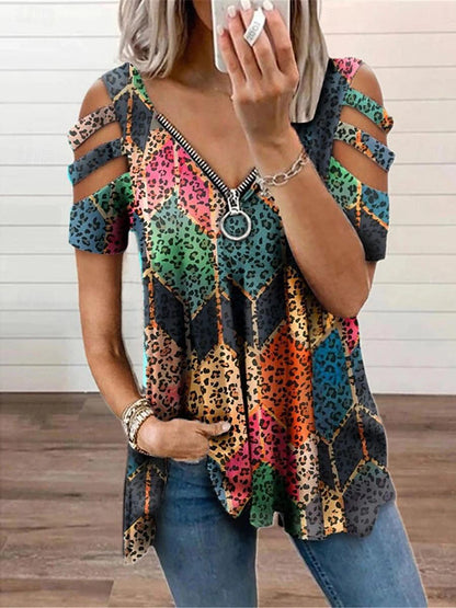 Women's Shirt Blouse Floral Geometric Color Block Casual Patchwork Zipper Print Black Short Sleeve Fashion Modern V Neck Summer