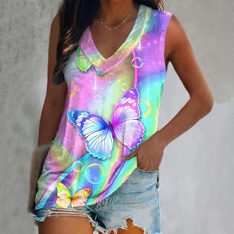 Women's Tank Top Butterfly Tie Dye Vacation Print Fuchsia Sleeveless Stylish V Neck Summer