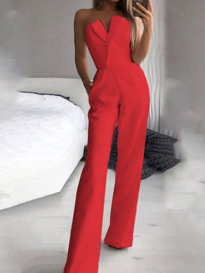 Women's Jumpsuit Clean Fit Wedding  High Waist Solid Color Strapless Streetwear Street Going out Regular Fit Sleeveless Red White Summer - LuckyFash™