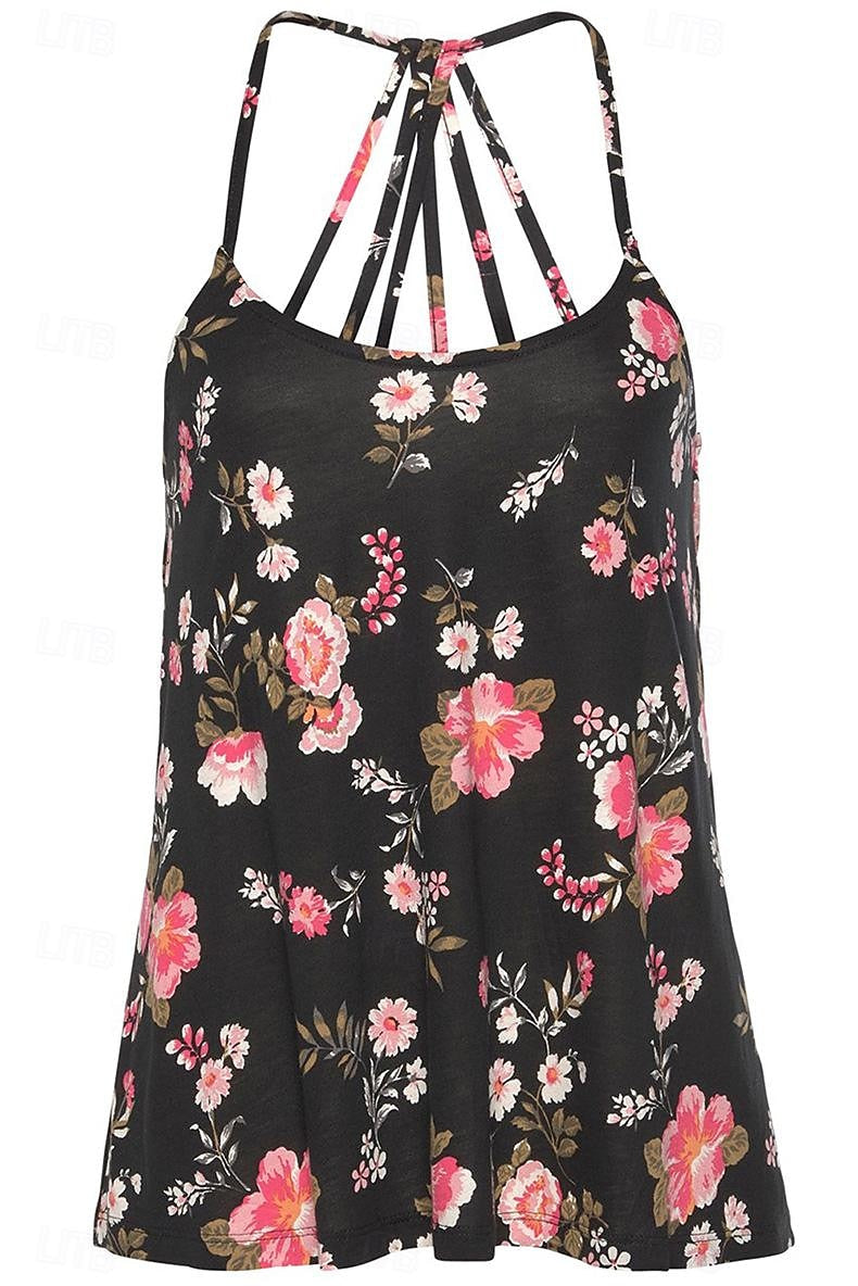 Women's Tank Top Floral Vacation Print Black Sleeveless Casual U Neck Summer