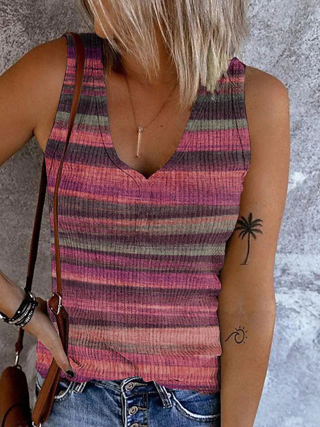 Women's Tank Top Going Out Tops Striped Casual Button Print Pink Sleeveless Basic V Neck