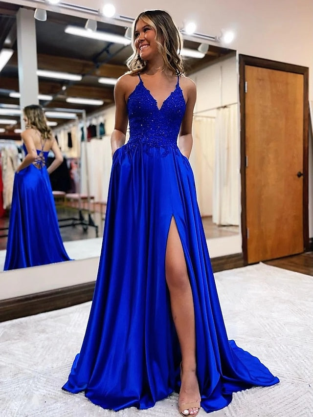 A-Line Prom Dresses Empire Dress Formal Court Train Sleeveless V Neck Satin Backless with Beading Appliques 2023 - LuckyFash™