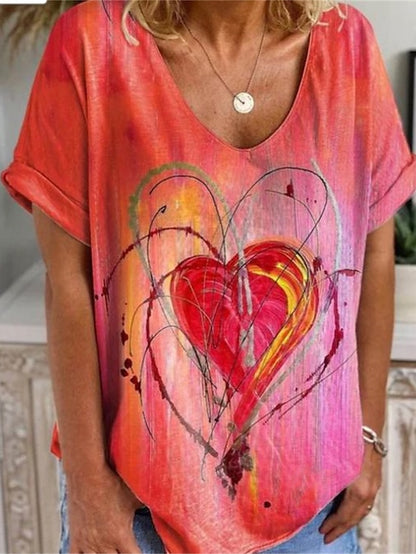 Women's T shirt Tee Heart Valentine Weekend Print Red Long Sleeve Fashion V Neck Spring &  Fall