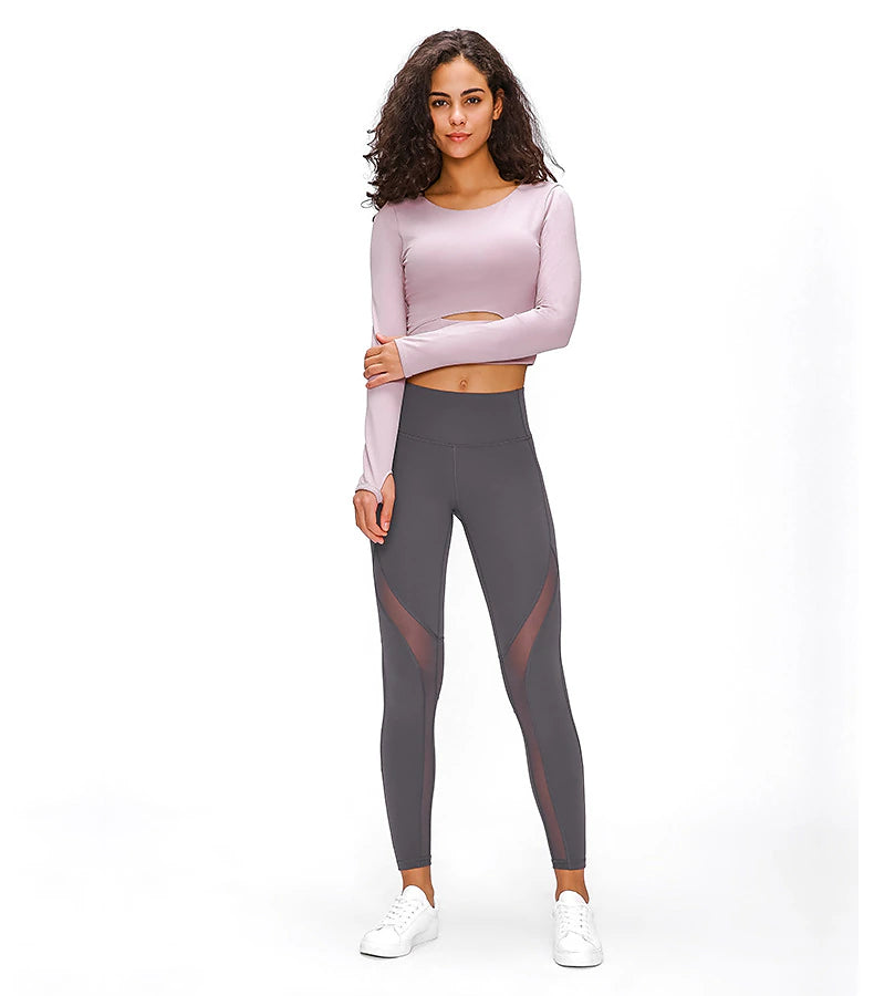 Women's Running T-Shirt Crop Top Solid Color Yoga Fitness Thumbhole Cut Out Crop Top Black White Pink Crew Neck Long Sleeve High Elasticity Spring &  Fall