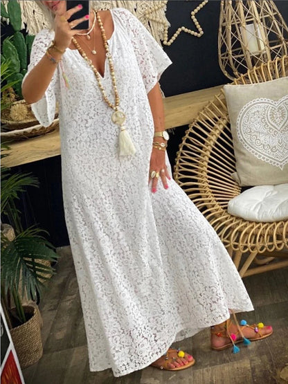 Women's White Dress Lace Dress Casual Dress Maxi long Dress Lace Patchwork Daily Date Fashion Basic Split Neck Half Sleeve Black White Color