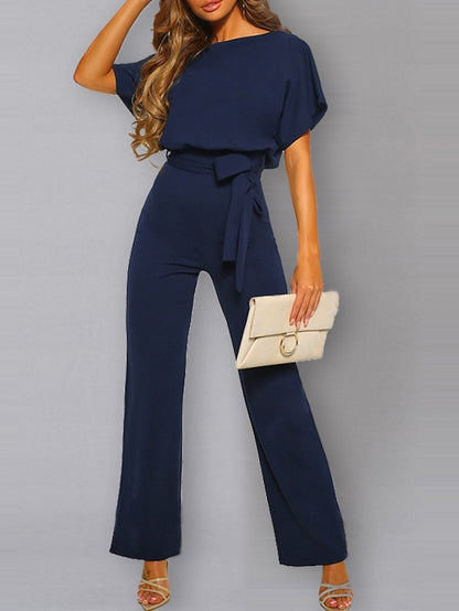 Women's Belted Jumpsuit Long Wide Leg Pant Party Romper Jumpsuits Casual Loose Short Sleeve Playsuits with Belts - LuckyFash™