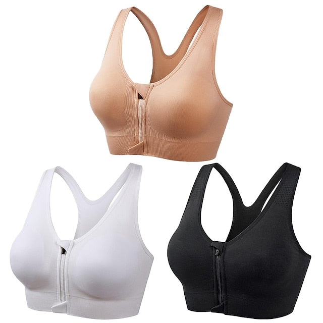 3 Pack Women's High Support Sports Bra Running Bra Seamless Zip Front Racerback Bra Top Padded Yoga Fitness Gym Workout Breathable Shockproof Quick Dry Khaki Black White Solid Colored