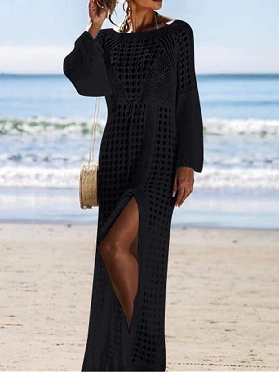 Women's White Dress Summer Dress Cover Up Long Dress Maxi Dress Hollow Out Split Vacation Beach Hawaiian Maxi Crew Neck Long Sleeve Black White Apricot Color