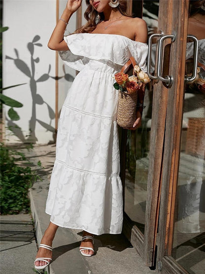 Women's White Dress Long Dress Maxi Dress Chiffon Lace Ruffle Date Vacation Streetwear A Line Off Shoulder Short Sleeve Black White Pink Color