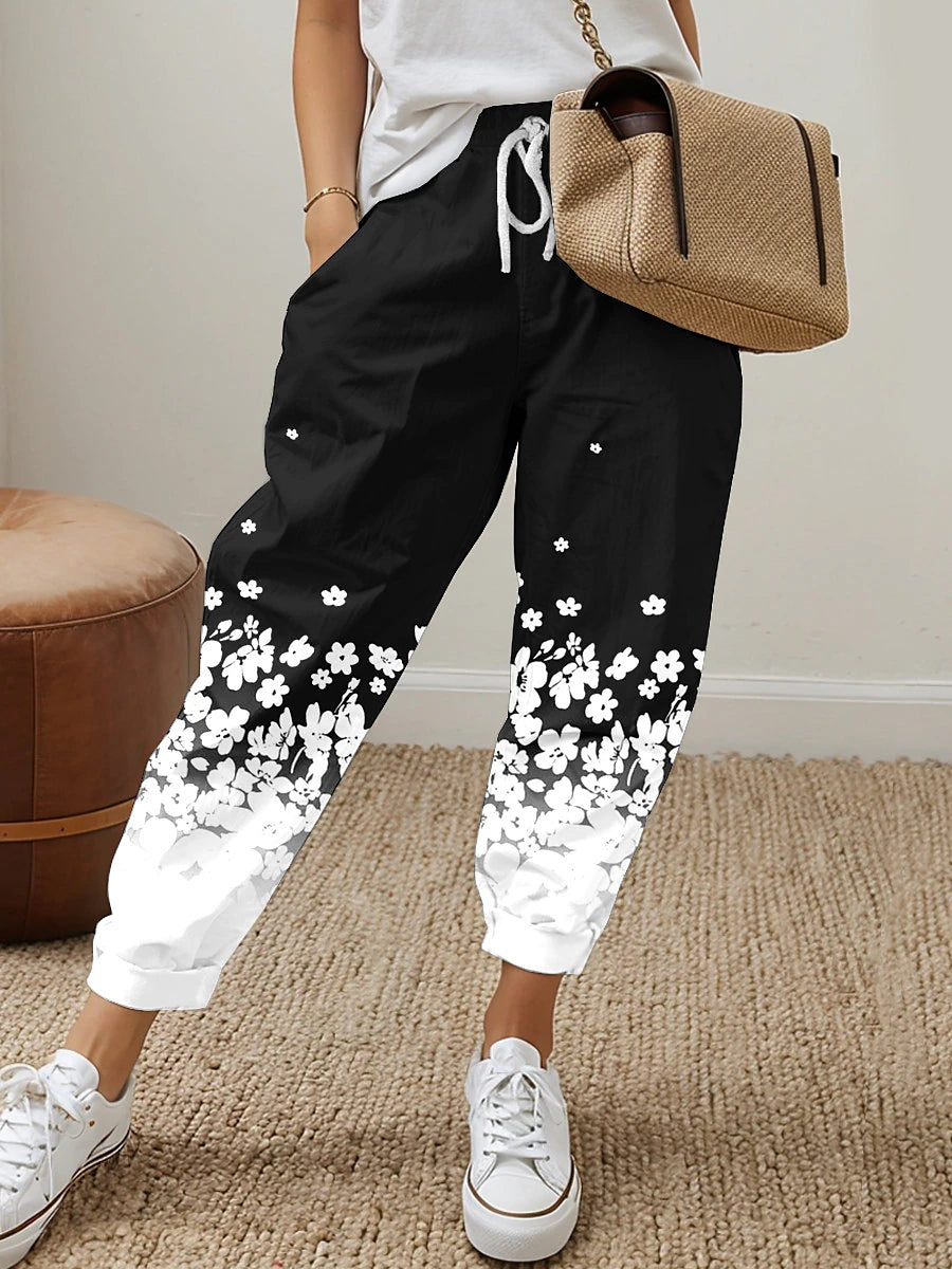 Women's Sweatpants Polyester Floral Black Pink Active Mid Waist Long Street Daily Wear Spring