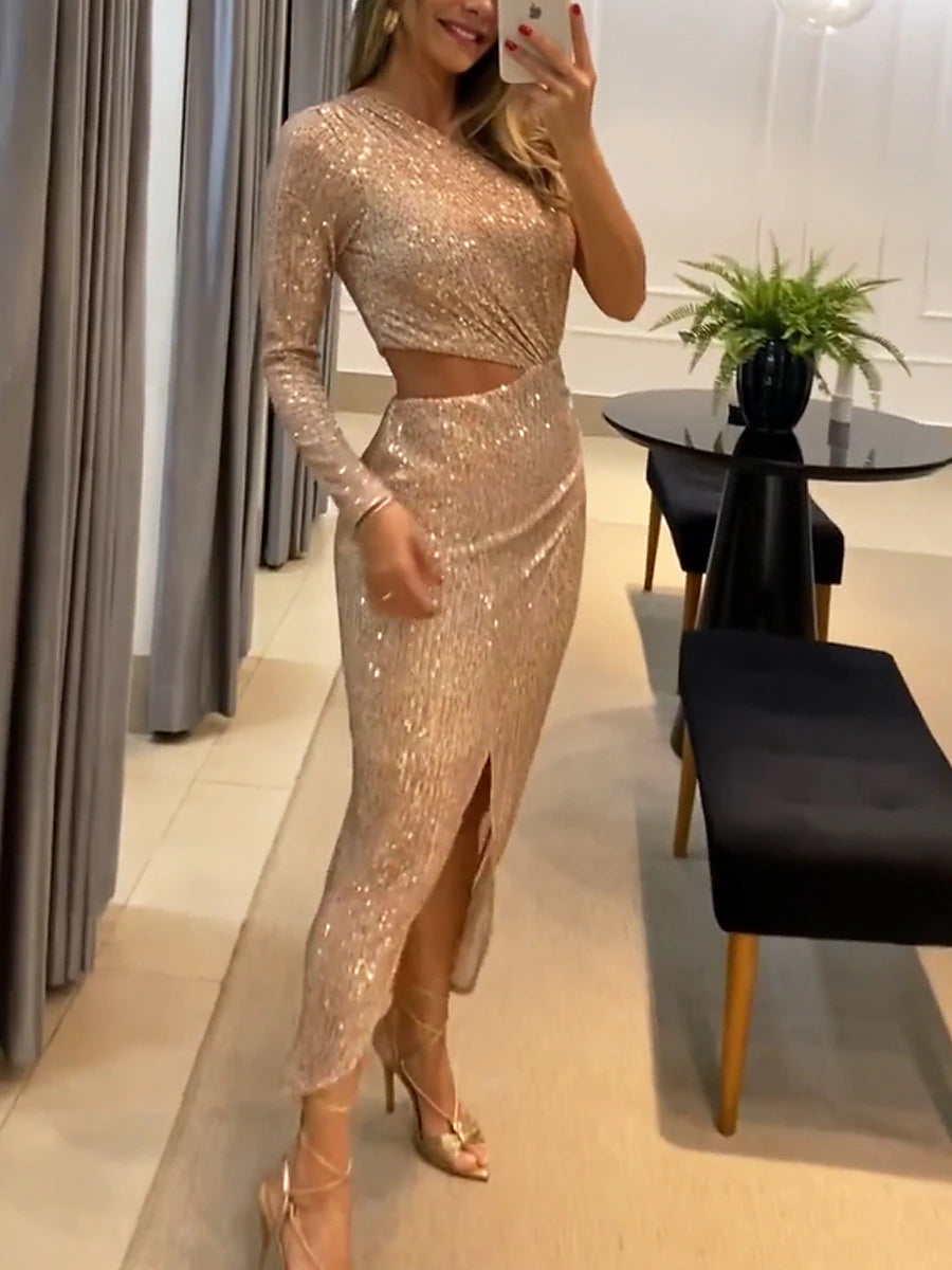 Women's Sequin Dress Prom Dress Party Dress Sequins Split One Shoulder Long Sleeve Vacation Champagne Spring Winter