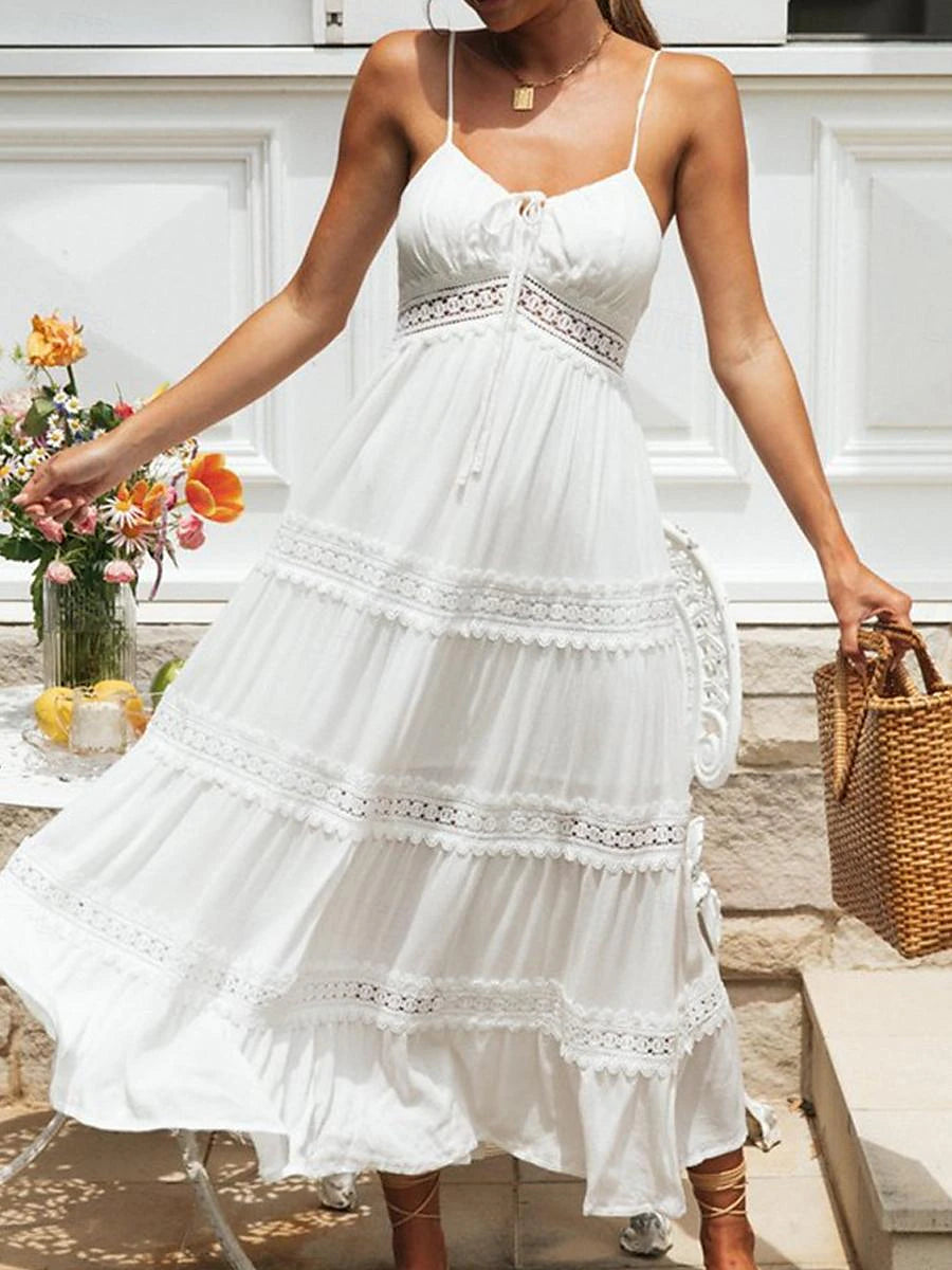 Women's White Lace Wedding Dress Boho Chic Dresses Boho Wedding Guest Dress Long Dress Maxi Dress Backless with Sleeve Date Vacation Beach A Line Strap Sleeveless White Color