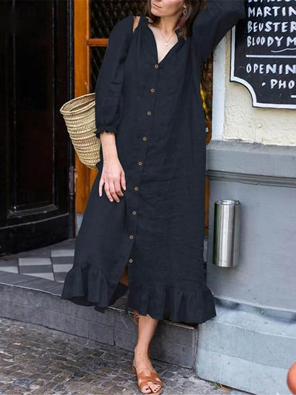 Women's Shirt Dress Casual Dress Cotton Linen Dress Midi Dress Ruffle Button Basic Daily Shirt Collar 3/4 Length Sleeve Summer Spring Black Navy Blue Plain