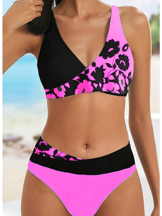 Women's Swimwear Bikini 2 Piece Normal Swimsuit High Waisted Color Block Floral Print Green Blue Yellow Rosy Pink Royal Blue Padded V Wire Bathing Suits Sports Vacation Sexy / New - LuckyFash™