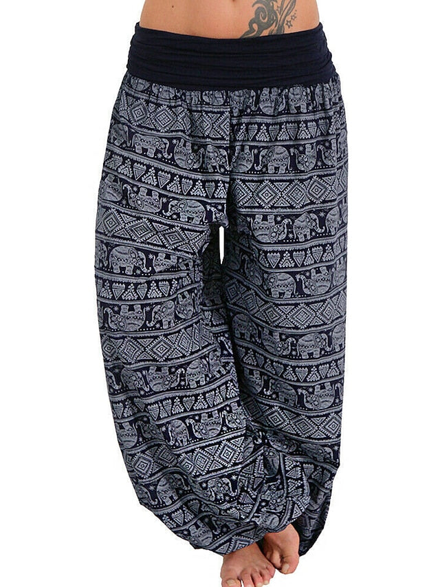 Womenâ€˜s Harem Pants Wide Leg Fold Over Waist Palazzo Bohemia Zumba Belly Dance Yoga Bloomers Bottoms Elephant Hippie Boho Navy ArmyGreen White Plus Size Sports Activewear - LuckyFash™