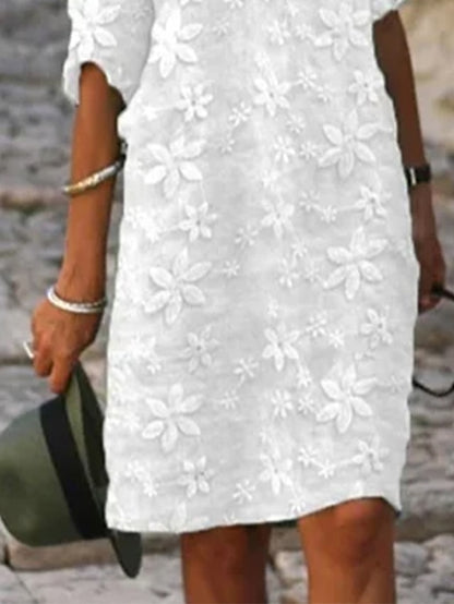 Women's Cotton Linen Dress Casual Dress Shift Dress Midi Dress Cotton Fashion Modern Outdoor Daily Vacation V Neck Print Half Sleeve Summer Spring 2023 Loose Fit White Blue Green Flower S M L XL 2XL - LuckyFash™
