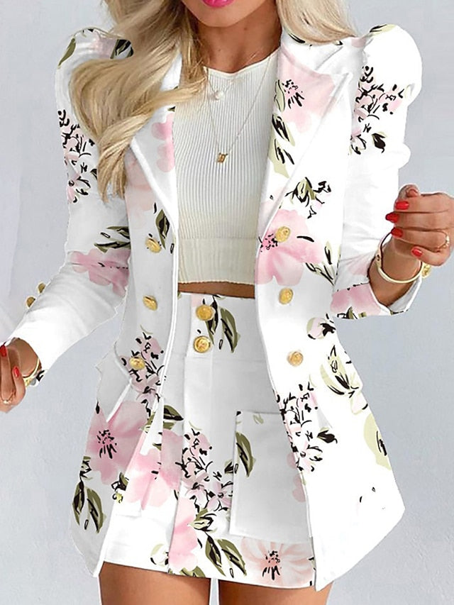 Women's Suits Warm Breathable Outdoor Office Work Pocket Print Single Breasted Turndown OL Style Elegant Modern Floral Regular Fit Outerwear Long Sleeve Winter Fall Pink Khaki Apricot S M L XL XXL - LuckyFash™