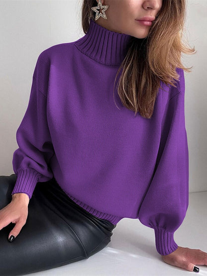 Women's Pullover Sweater Jumper Turtleneck Stand Collar Ribbed Knit Cotton Oversized Summer Fall Outdoor Daily Going out Stylish Casual Soft Long Sleeve Solid Color Black White Wine S M L