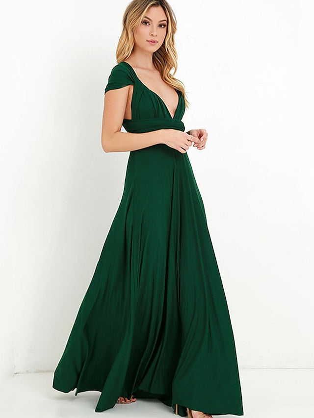 A-Line Bridesmaid Dress Halter / V Neck Sleeveless Convertible Floor Length Spandex with Sash / Ribbon / Pleats 2022 - LuckyFash™