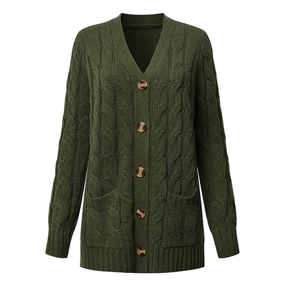 Women's Cardigan Sweater Open Front Cable Chunky Knit Button Pocket Fall Winter Tunic Daily Casual Soft Long Sleeve Solid Color Dark powder Black White S M L