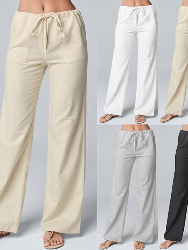 Women's Wide Leg Pants Trousers Cotton Faux Linen White Khaki Grey Fashion Casual Daily Side Pockets Wide Leg Full Length Comfort Plain S M L XL 2XL - LuckyFash™