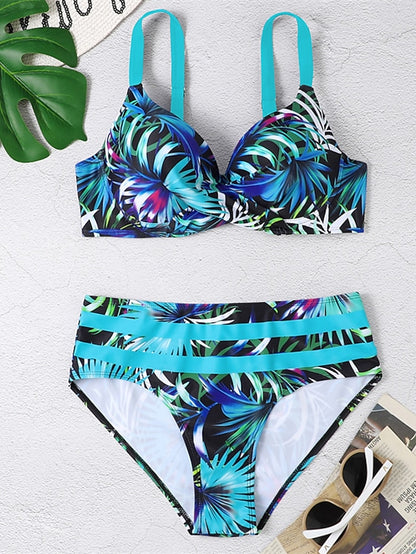 Women's Swimwear Bikini 2 Piece Normal Swimsuit Backless Push Up Printing High Waisted Leaf Blue V Wire Bathing Suits New Vacation Sexy / Modern - LuckyFash™