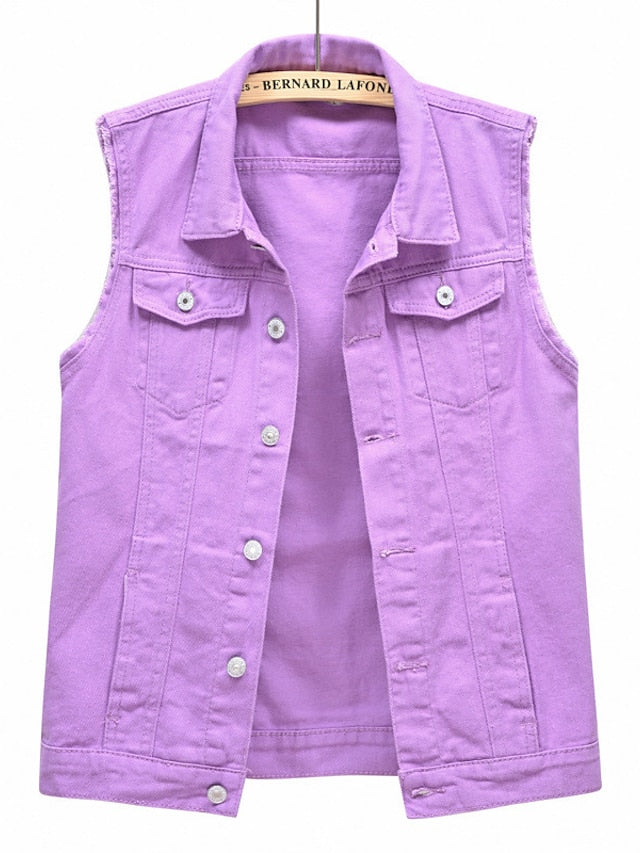 Women's Vest Denim Vest Outdoor Street Daily Spring Summer Regular Coat Regular Fit Breathable Streetwear Casual Jacket Sleeveless Solid Color Pocket White Black Purple - LuckyFash™