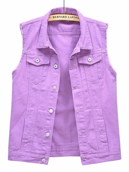 Women's Vest Denim Vest Outdoor Street Daily Spring Summer Regular Coat Regular Fit Breathable Streetwear Casual Jacket Sleeveless Solid Color Pocket White Black Purple - LuckyFash™