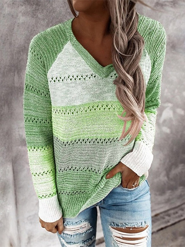 Women's Pullover Sweater jumper Jumper Crochet Knit Knitted Color Block V Neck Stylish Casual Outdoor Daily Winter Fall Green Blue S M L / Long Sleeve / Striped / Regular Fit / Going out - LuckyFash™