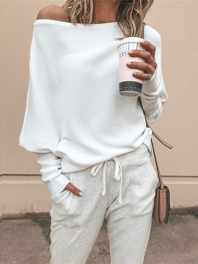 Women's Pullover Sweater jumper Jumper Knit Knitted Solid Color Boat Neck Basic Stylish Outdoor Home Winter Fall Gray White S M L / Long Sleeve / Casual / Going out / Loose Fit