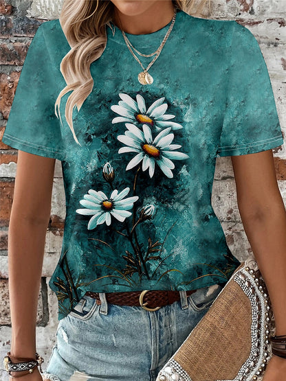 Women's T shirt Tee Floral Daily Weekend Print Blue Short Sleeve Fashion Round Neck Summer