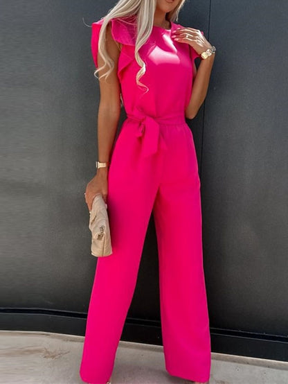 Women's Jumpsuit Lace up Ruffle Solid Color Round Neck Elegant Party Going out Regular Fit Short Sleeve White Blue Pink S M L Spring - LuckyFash™