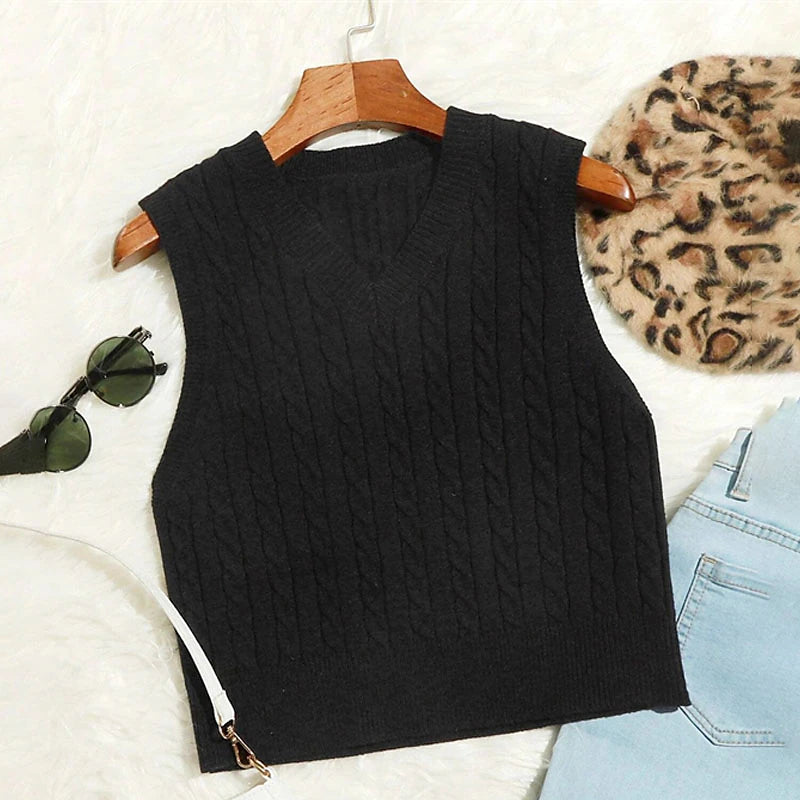 amazon hot selling sweater vest european and american fashion casual sleeveless sweater cable v-neck knitted vest women