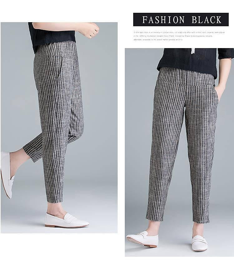 Women's Tapered Carrot Pants Linen Cotton Blend Striped Blue Grey Casual Ankle-Length Casual Daily