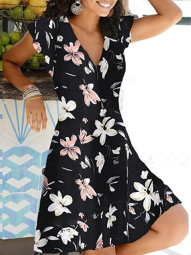 Women's V Neck Flutter Sleeve Midi Dress Short Sleeve Summer Spring