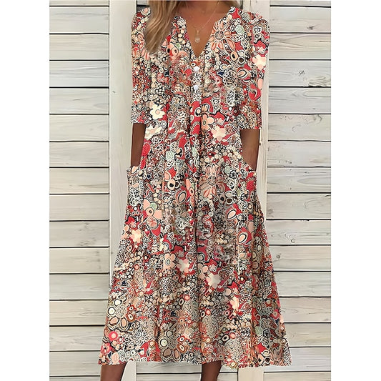 Women's Casual Dress Shift Dress Floral Ditsy Floral Ruched Print Split Neck Midi Dress Classic Daily Vacation Half Sleeve Summer Spring