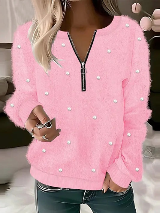 Women's Pullover Sweater Jumper Crew Neck Fuzzy Knit Cotton Blend Zipper Glitter Fall Winter Regular Date Valentine Casual Soft Long Sleeve Pure Color White Pink S M L