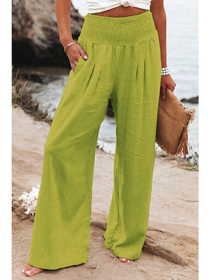 Women's Wide Leg Linen Pants Trousers Pants Trousers Cotton Apple Green Black White High Waist Fashion Casual Lounge Daily Vacation Baggy Micro-elastic Full Length S M L XL XXL - LuckyFash™