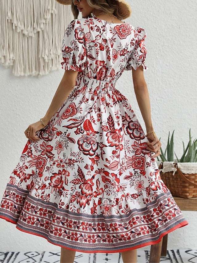 Women's Casual Dress Summer Dress Print Dress Floral Ruched Print V Neck Puff Sleeve Midi Dress Active Fashion Outdoor Street Short Sleeve Loose Fit Black Red Blue Summer Spring S M L XL XXL - LuckyFash™