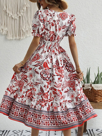 Women's Casual Dress Summer Dress Print Dress Floral Ruched Print V Neck Puff Sleeve Midi Dress Active Fashion Outdoor Street Short Sleeve Loose Fit Black Red Blue Summer Spring S M L XL XXL - LuckyFash™