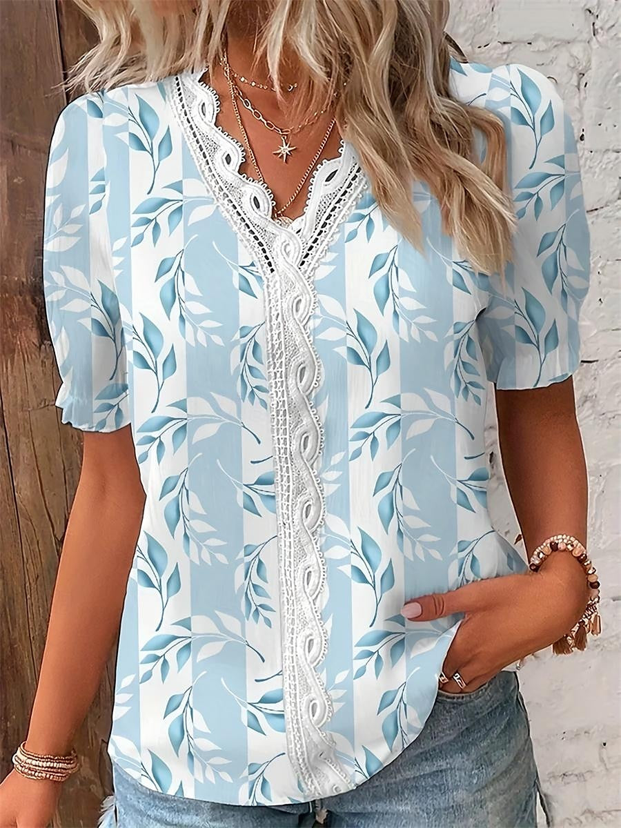 Women's Shirt Lace Shirt Blouse Floral Daily Lace Patchwork Print Navy Blue Short Sleeve Stylish Modern V Neck Summer Spring