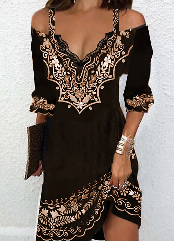 Women‘s Casual Dress Ethnic Dress Mini Dress Black 3/4 Length Sleeve Pure Color Print Summer Spring Fall V Neck Stylish 2023 S M L XL XXL 3XL