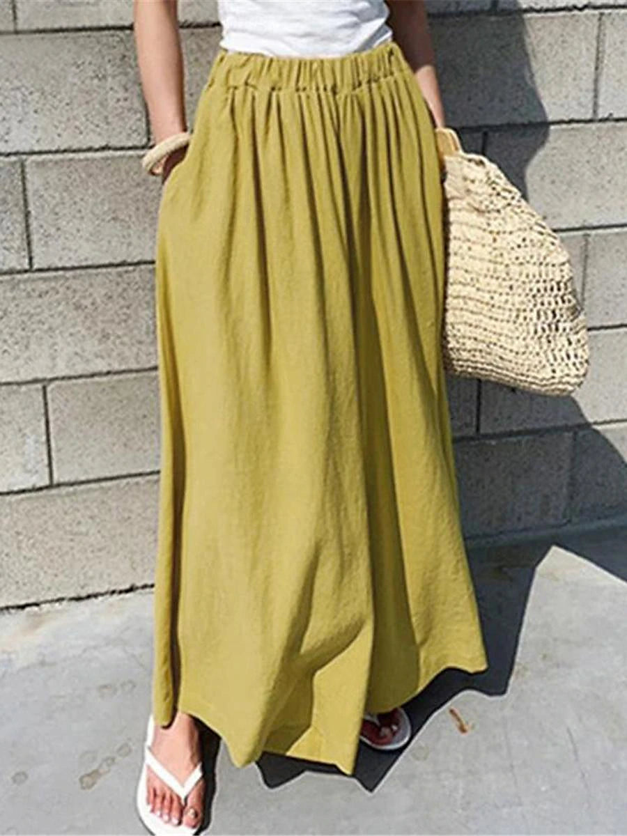 Women's Wide Leg Cotton Linen Plain Black Yellow Basic High Waist Long Daily Wear Vacation Summer Spring