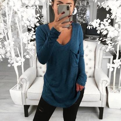 Women's T shirt Tee Tunic Black White Pink Solid Colored Pocket Long Sleeve Casual Daily Basic V Neck Regular Loose Fit S