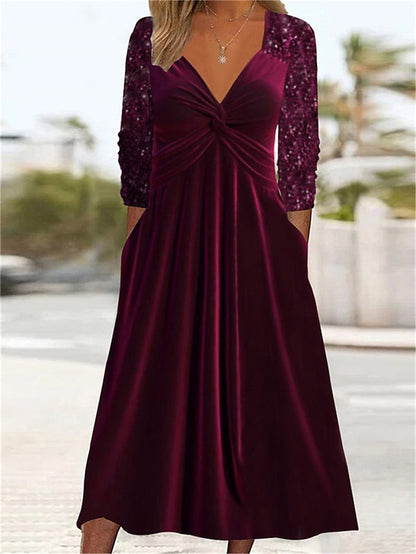 Women's Velvet Dress Sequin Dress Party Dress Velvet Sequins Sparkle V Neck Long Sleeve Midi Dress Office Vacation Wine Spring Winter