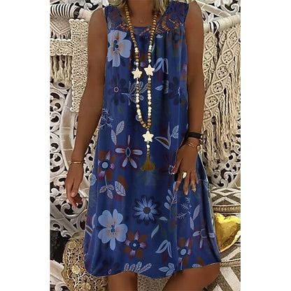 Women‘s Shift Dress Knee Length Dress White Black Army Green Fuchsia Navy Blue Sleeveless Floral Print Spring Summer Round Neck Hot Casual Boho Loose 2023 M L XL XXL 3XL 4XL 5XL