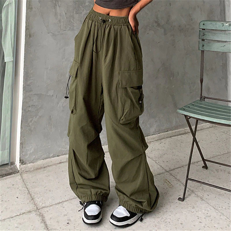 Women‘s Cargo parachute pants Wide Leg Trousers Baggy Full Length Baggy Micro-elastic High Waist Fashion Casual Daily ArmyGreen Black S M Spring & Fall