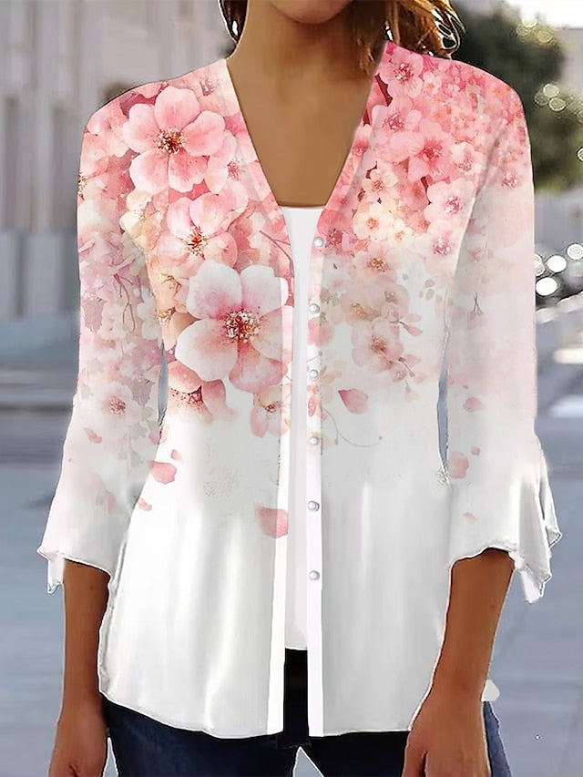 Women's Shirt Blouse Floral Casual Holiday Print Pink 3/4 Length Sleeve Basic Square Neck